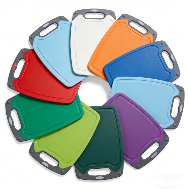 Multiple PP cutting boards in assorted colors arranged in a fan shape, food-grade plastic cutting boards for kitchen use, wholesale bulk display, modern kitchenware product photography
